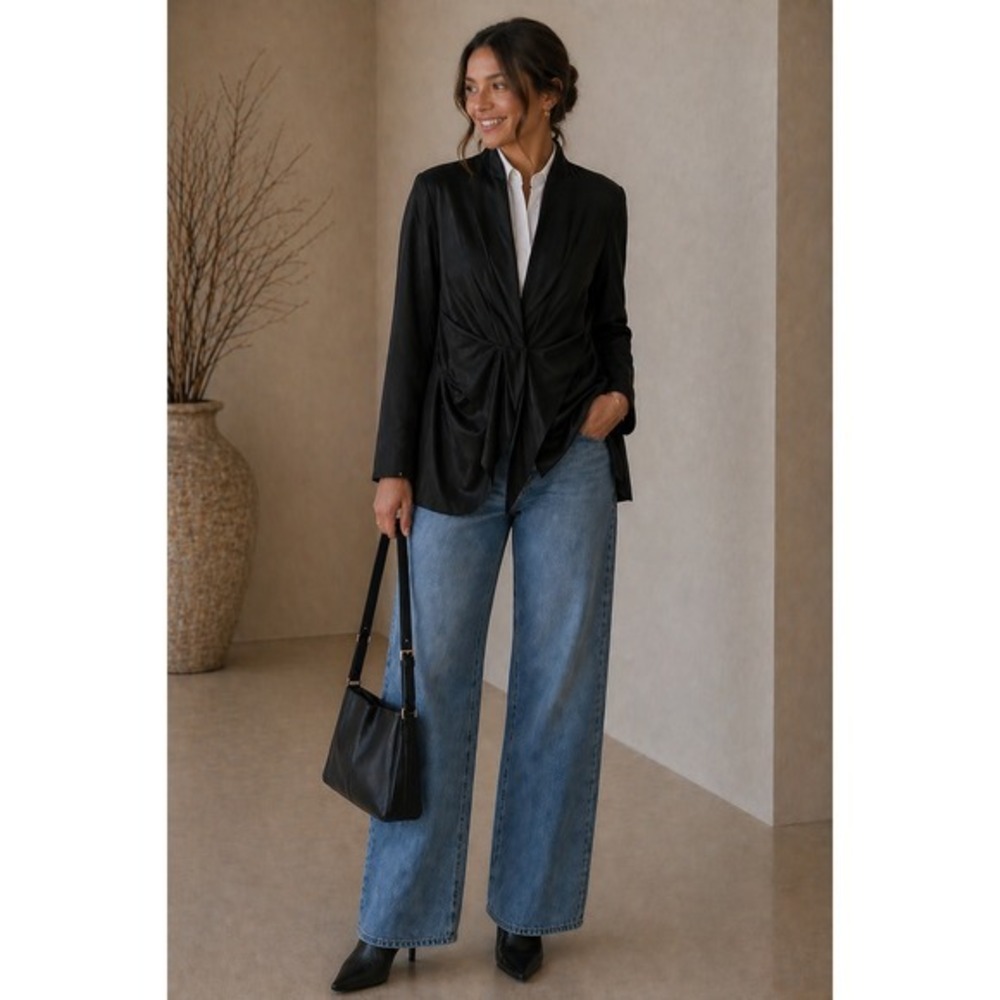 Spenser Jeremy Black 100% Silk Twist Front Draped Blazer Jacket Size 6 Vintage